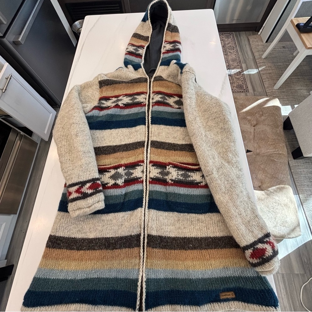 Laundromat Cozy Hooded Lined WOOL sweater jacket Cardigan hand made Nepal Large